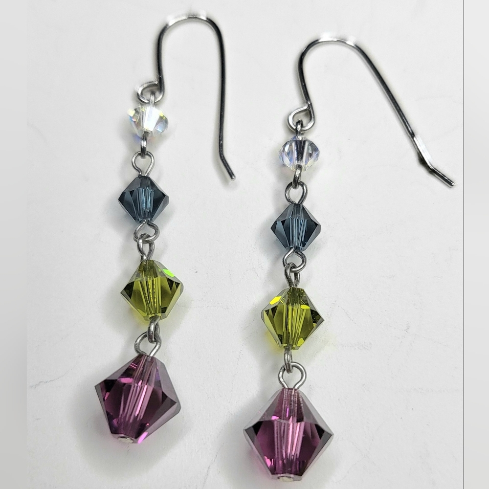 Crystal Sterling Silver Earrings Clear Blue Green Purple Graduated small to Lg